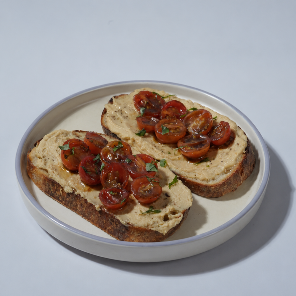 Fresh Balsamic & Roasted Tomato Hummus Toast on artisan sourdough at Le Fou Delight Vadodara