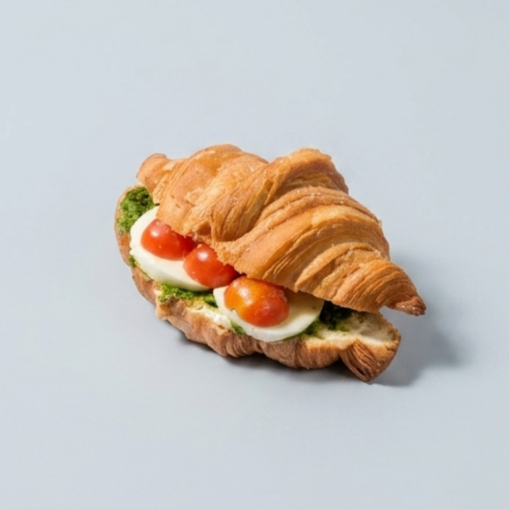 Savory Caprese croissant sliced open to show melted mozzarella cheese, fresh tomato, and green pesto filling