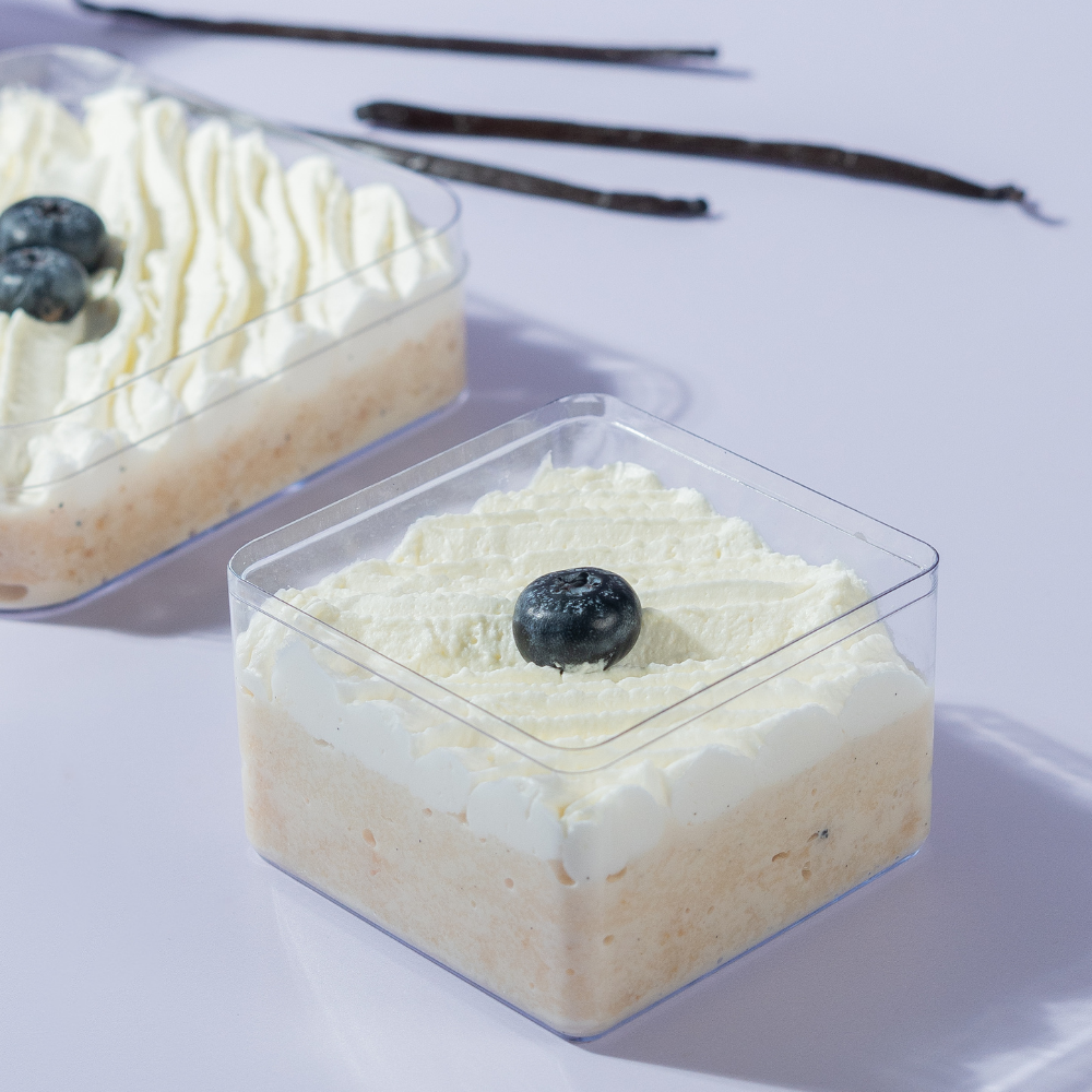Freshly made eggless vanilla tres leches cake tub in Vadodara by Le Fou Delight