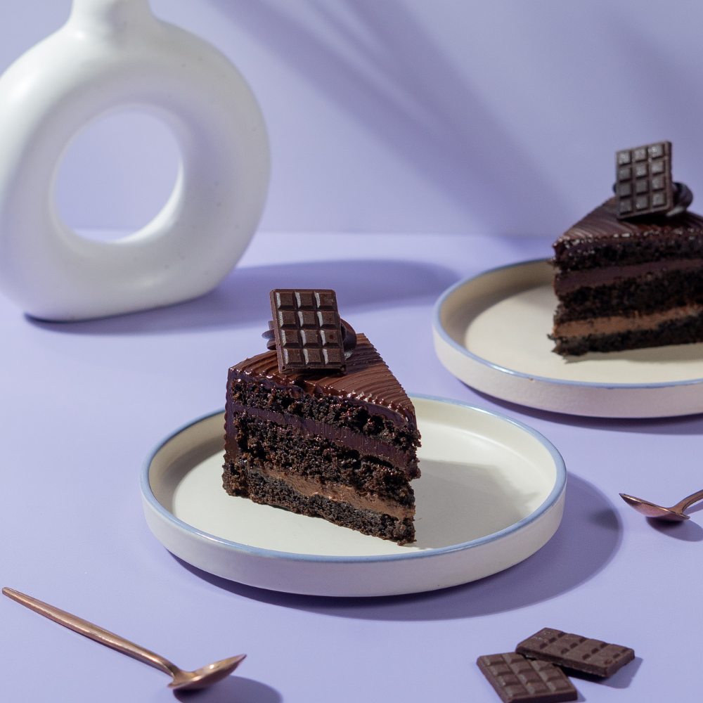 Double Chocolate Fudge Pastry (2) Soft chocolate sponge layered with creamy chocolate fudge pastry