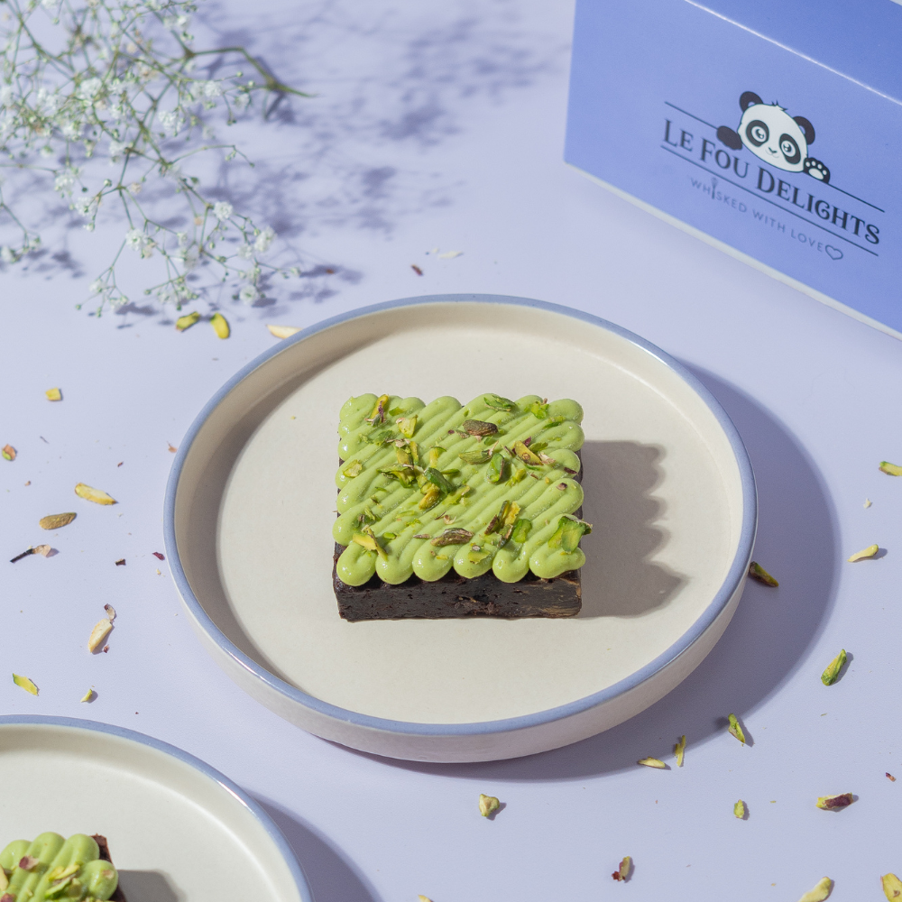 Handcrafted Pistachio Brownie in Vadodara by Le Fou Delight, rich fudgy chocolate topped with roasted pistachios