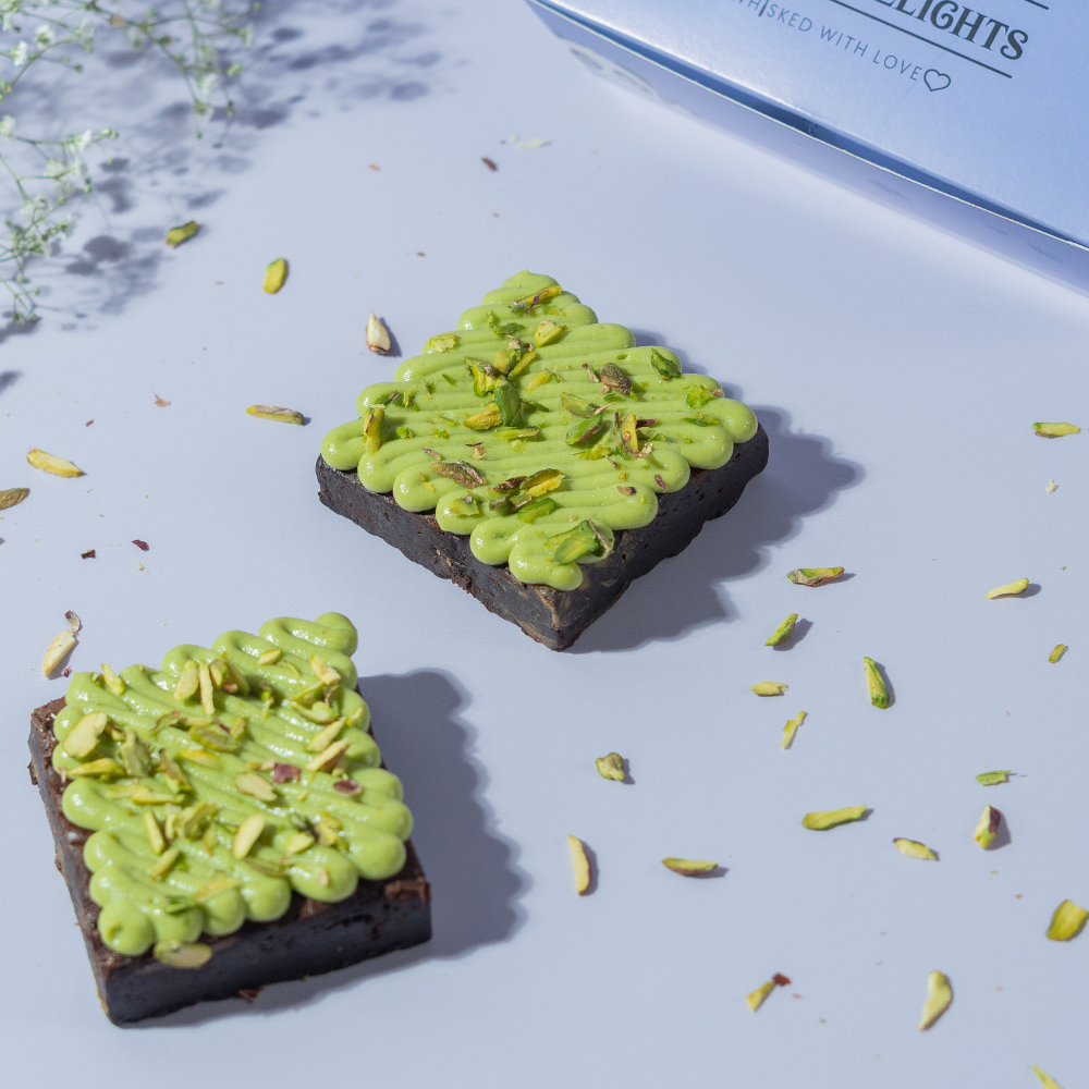 Handcrafted Pistachio Brownie in Vadodara by Le Fou Delight, rich fudgy chocolate topped with roasted pistachios