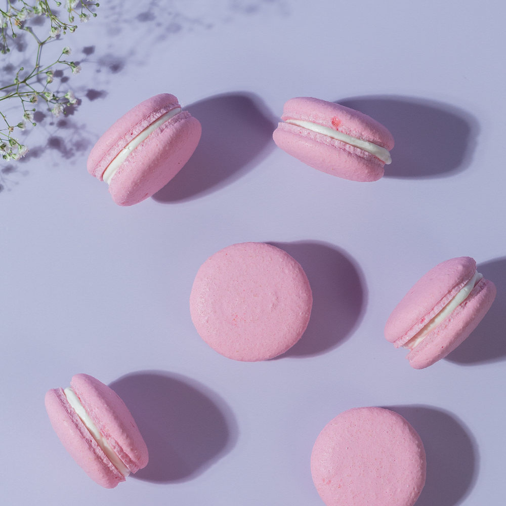 Raspberry Cheesecake Macaron (2) Raspberry Cheesecake Macaron filled with cheesecake cream and tangy raspberry compote, Vadodara